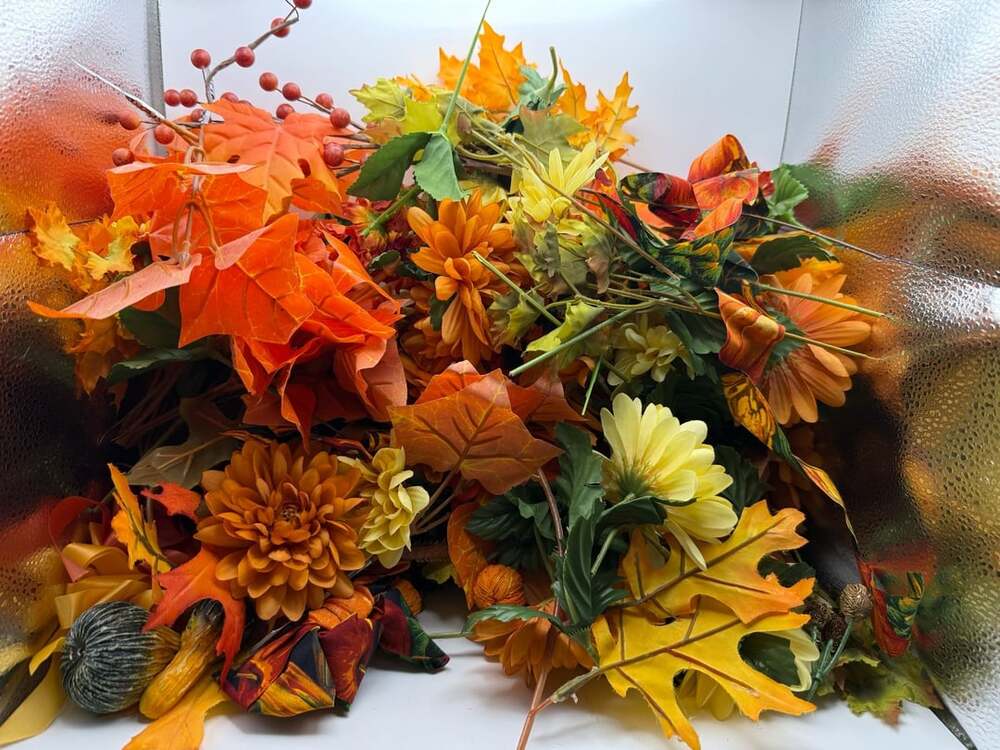 Artificial loose Fall Floral with Mums, Maple Leaves, and Pumpkins